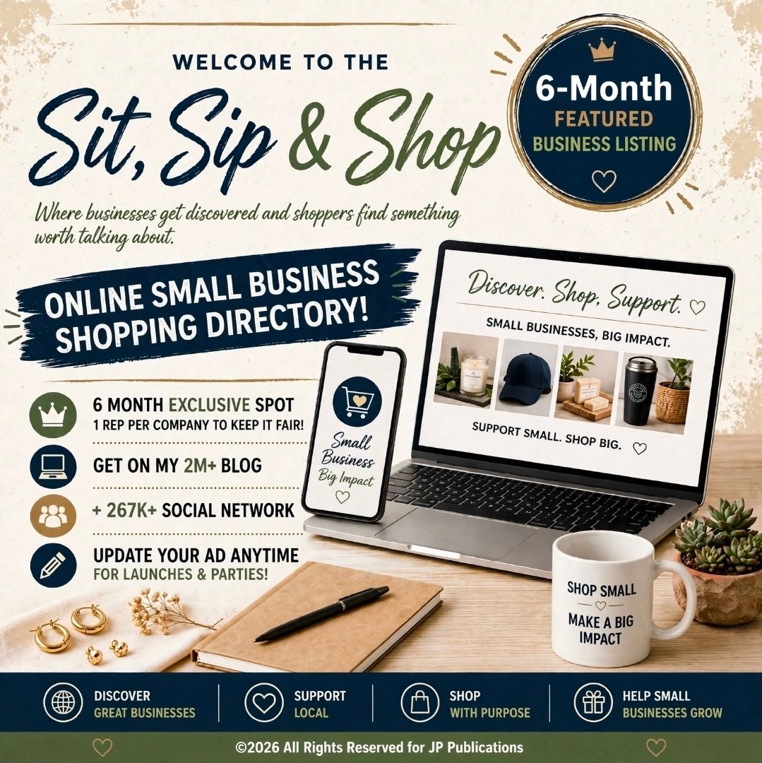 Sit, Sip & Shop six-month featured small business listing with $102 promotional pricing and online visibility opportunities.