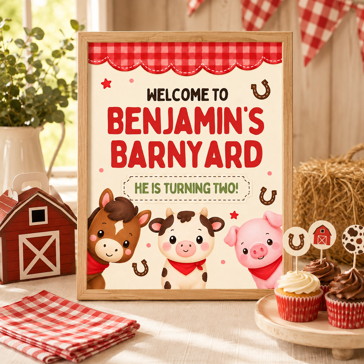 Editable barnyard birthday party bundle featuring cute horse, cow and pig farm animals with red gingham invitation, welcome signs, cupcake toppers, food labels, favor tags, water bottle labels and party decorations.