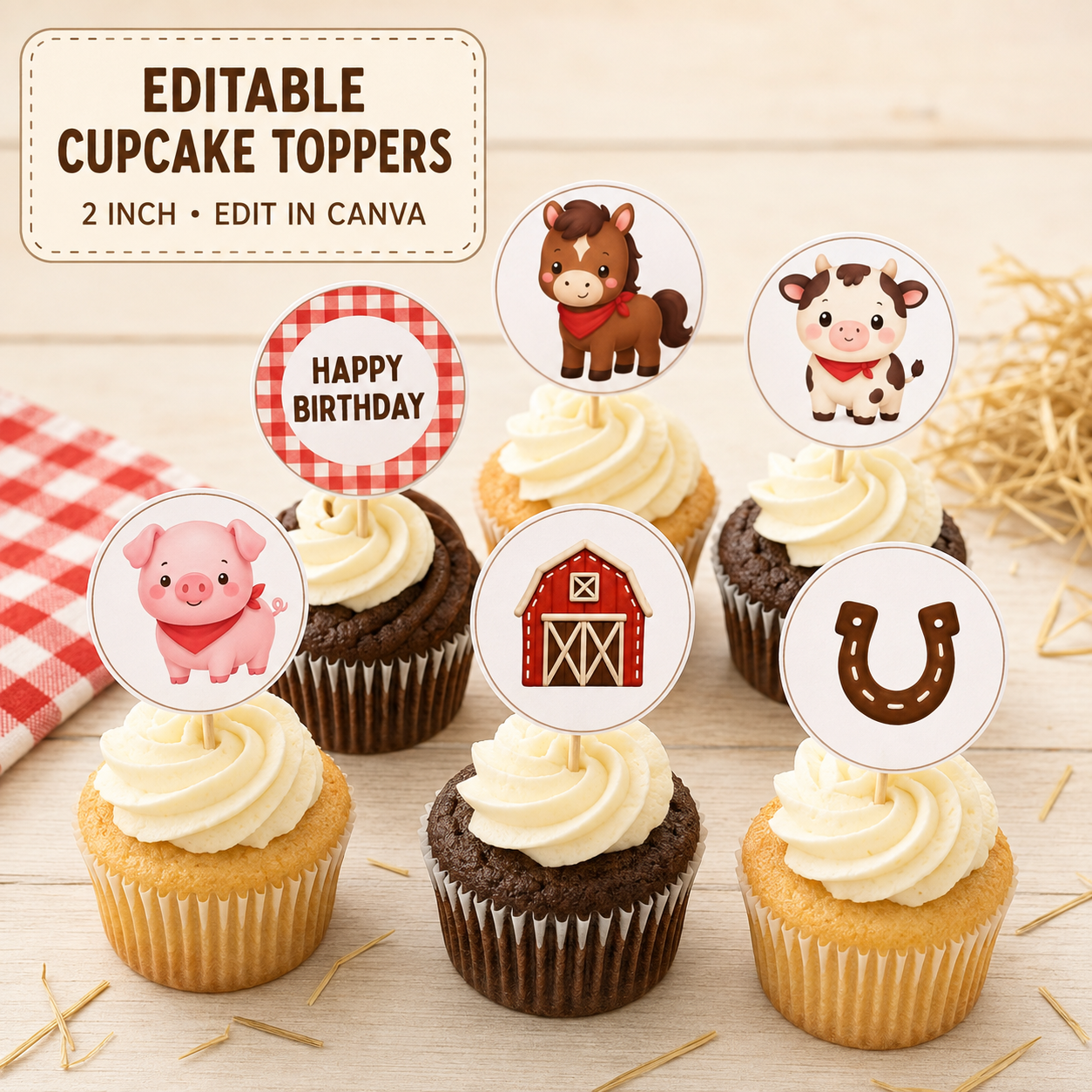 Editable barnyard birthday party bundle featuring cute horse, cow and pig farm animals with red gingham invitation, welcome signs, cupcake toppers, food labels, favor tags, water bottle labels and party decorations.