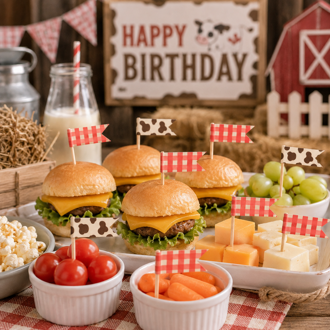 Editable barnyard birthday party bundle featuring cute horse, cow and pig farm animals with red gingham invitation, welcome signs, cupcake toppers, food labels, favor tags, water bottle labels and party decorations.