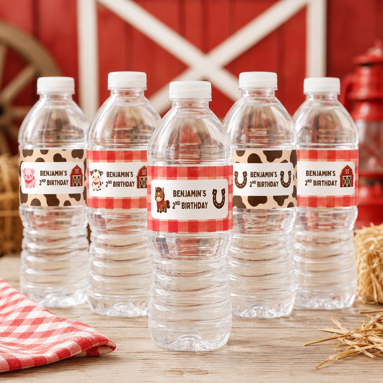 Editable barnyard birthday party bundle featuring cute horse, cow and pig farm animals with red gingham invitation, welcome signs, cupcake toppers, food labels, favor tags, water bottle labels and party decorations.