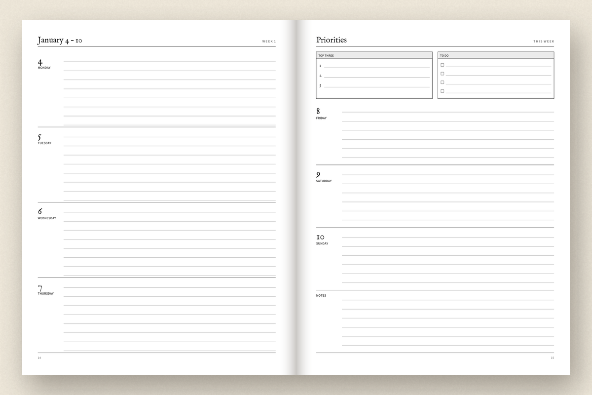 Two-page weekly spread from the 2027 weekly planner