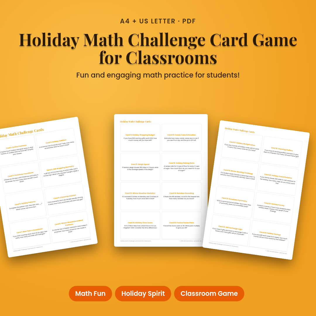 Holiday Math Challenge Card Game for Classrooms