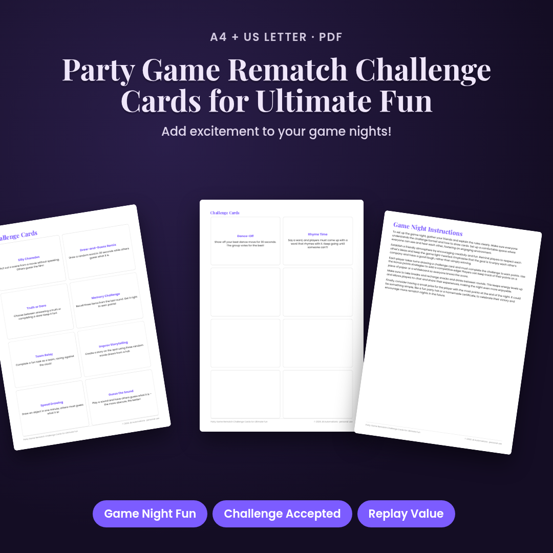 Party Game Rematch Challenge Cards for Ultimate Fun