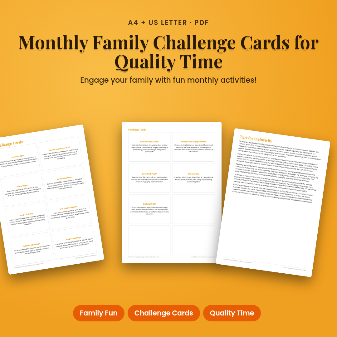 Monthly Family Challenge Cards for Quality Time