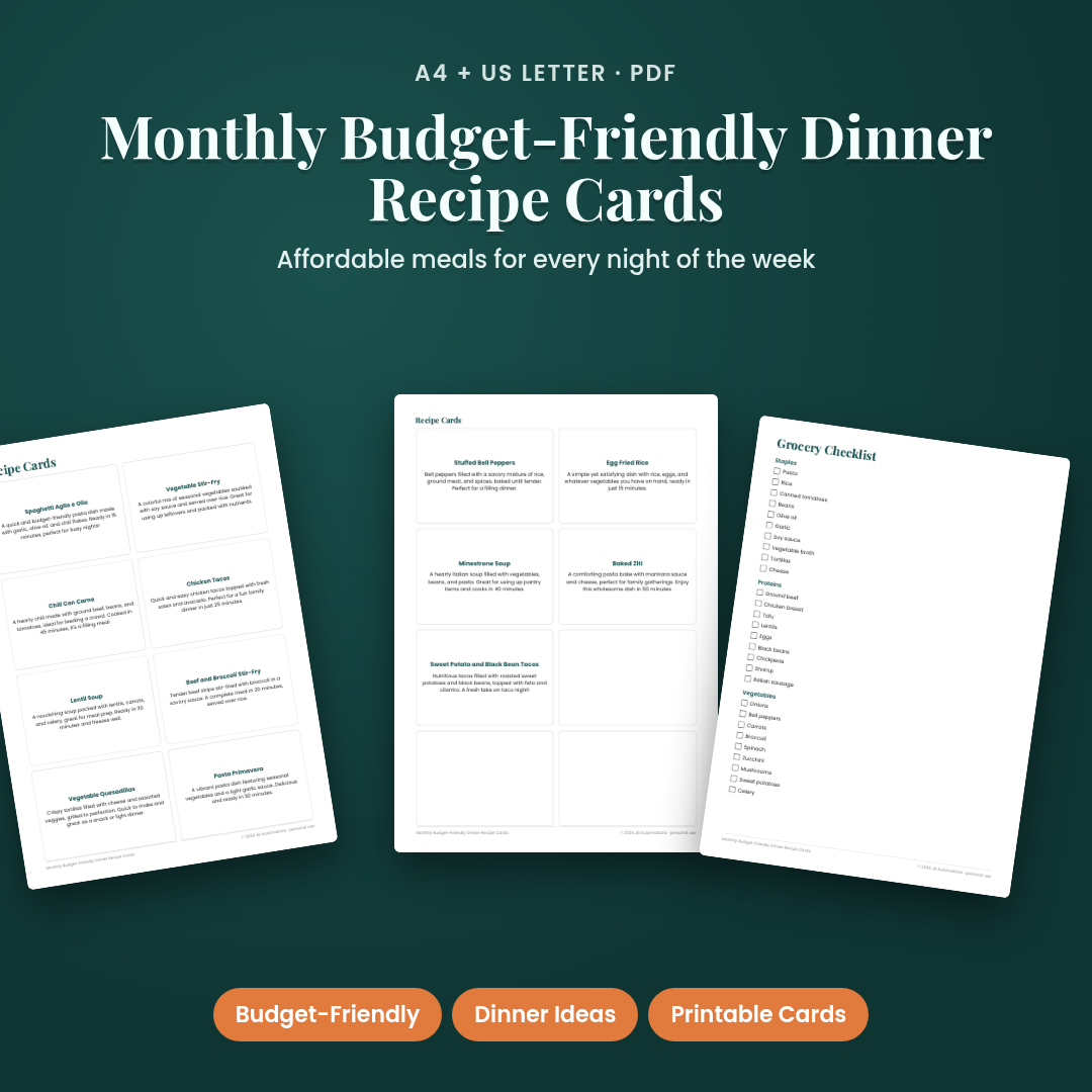Monthly Budget-Friendly Dinner Recipe Cards