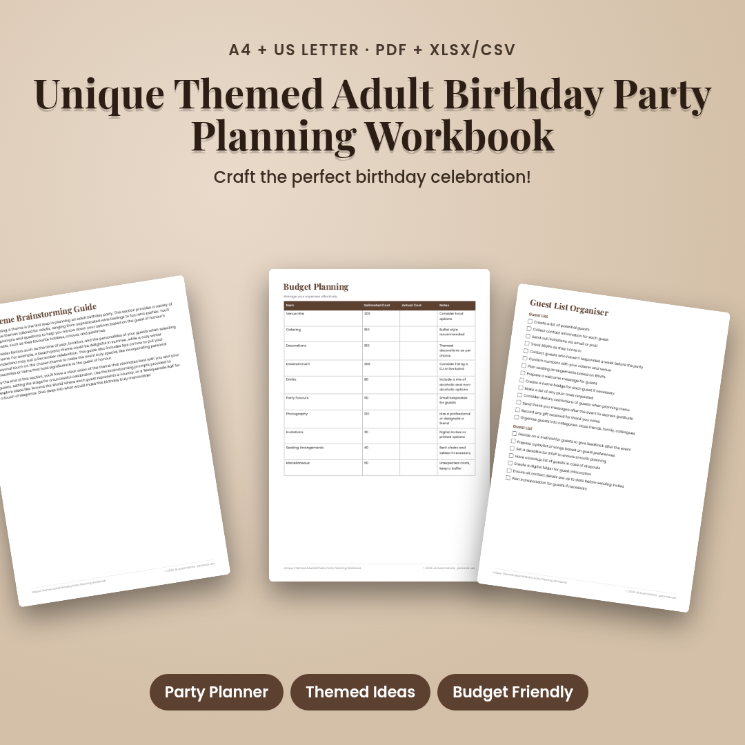 Unique Themed Adult Birthday Party Planning Workbook