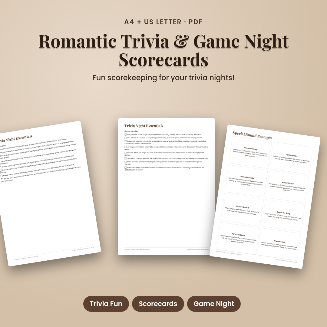Romantic Trivia & Game Night Scorecards