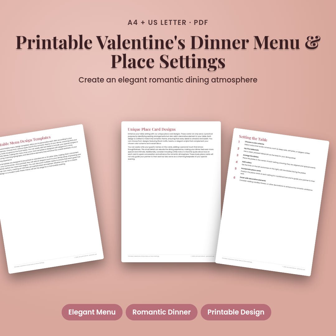 Printable Valentine's Dinner Menu & Place Settings