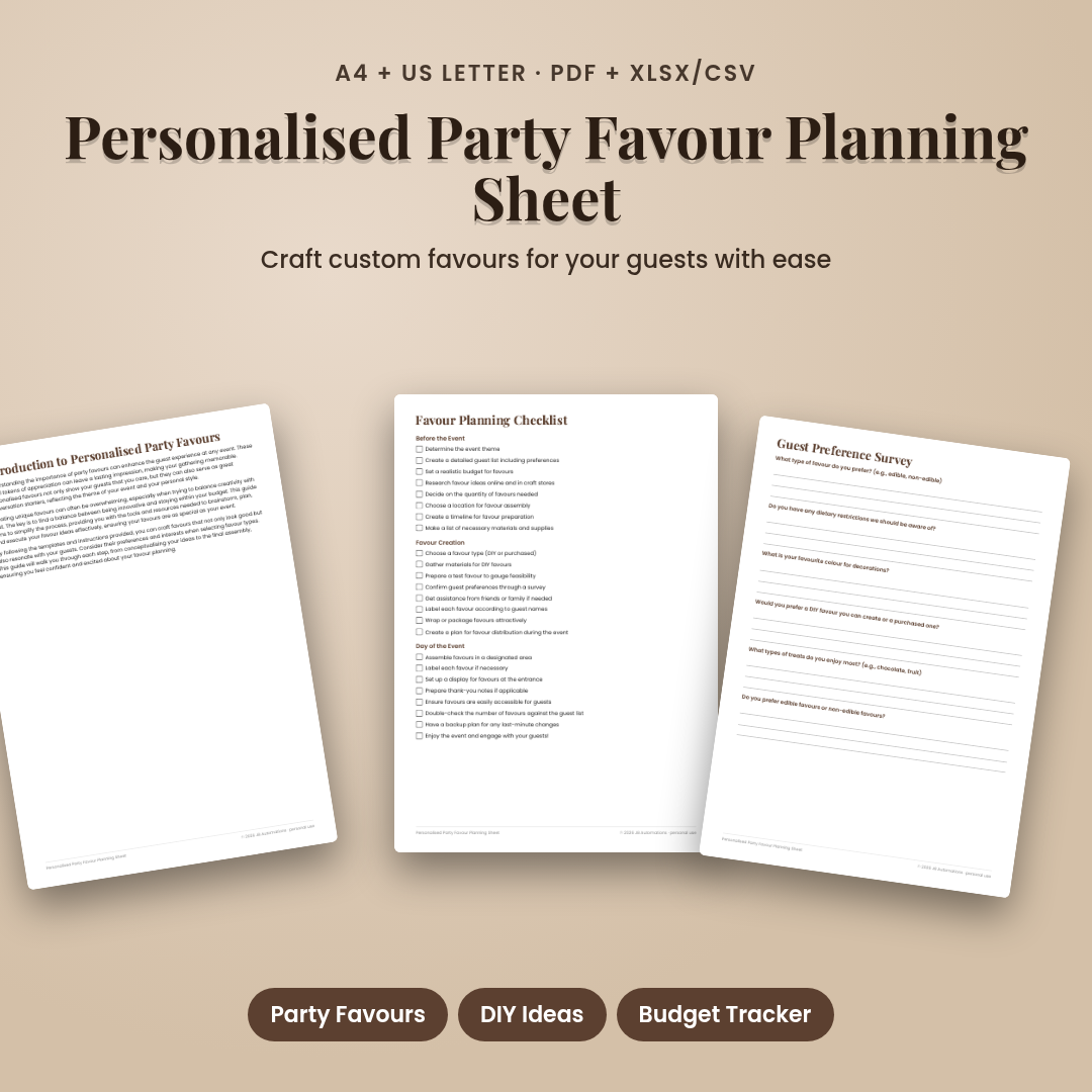 Personalised Party Favour Planning Sheet