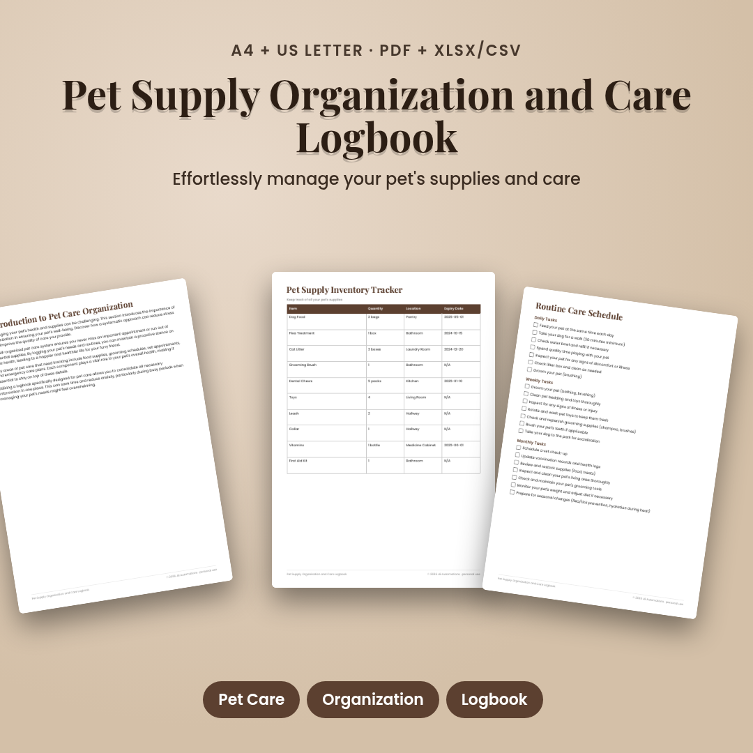 Pet Supply Organization and Care Logbook