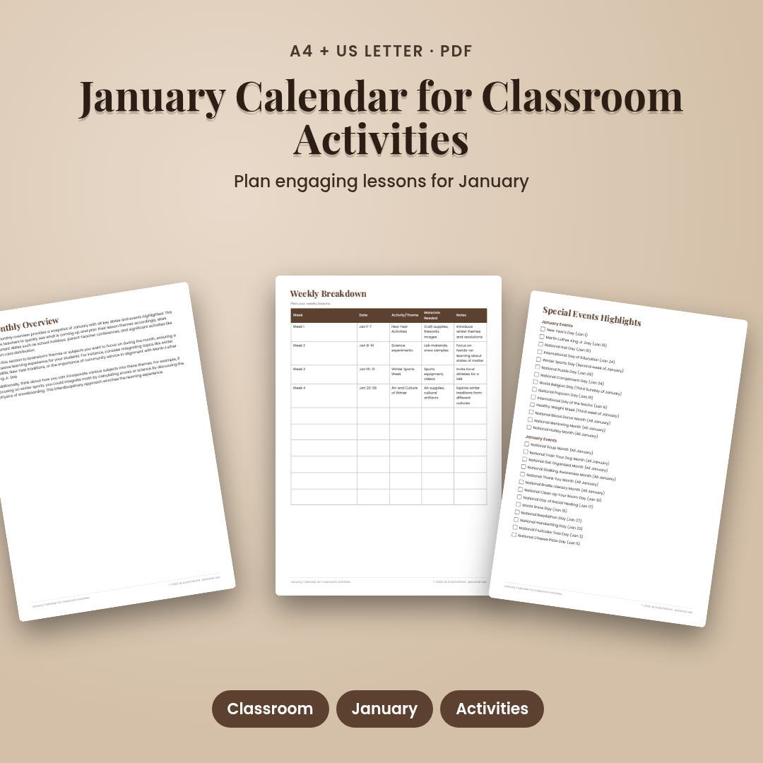January Calendar for Classroom Activities