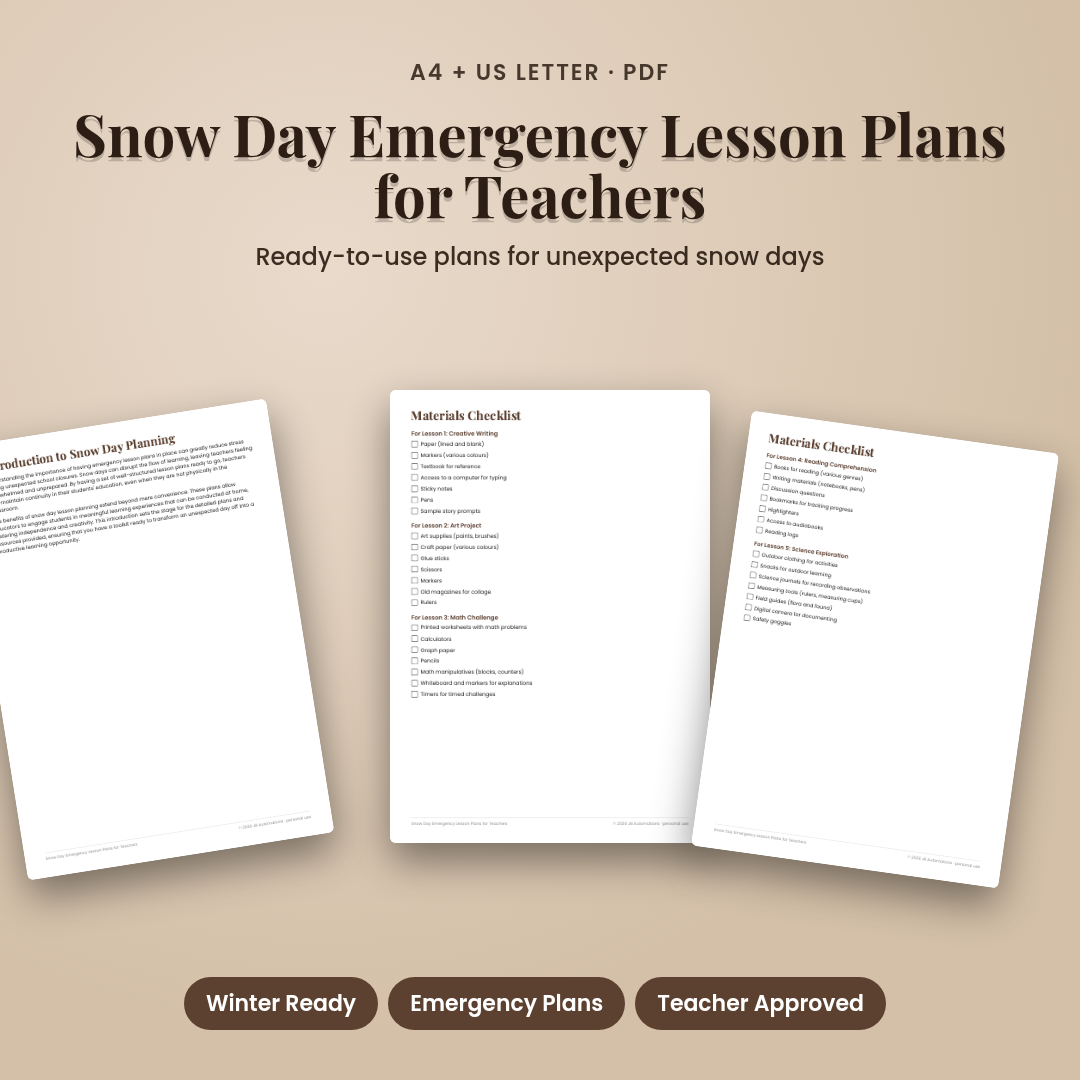 Snow Day Emergency Lesson Plans for Teachers