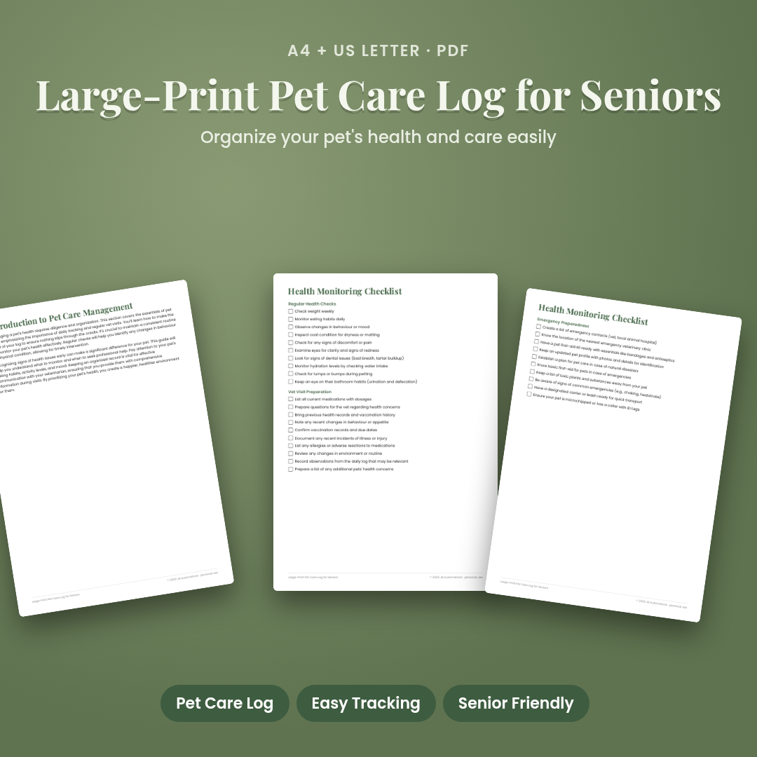 Large-Print Pet Care Log for Seniors