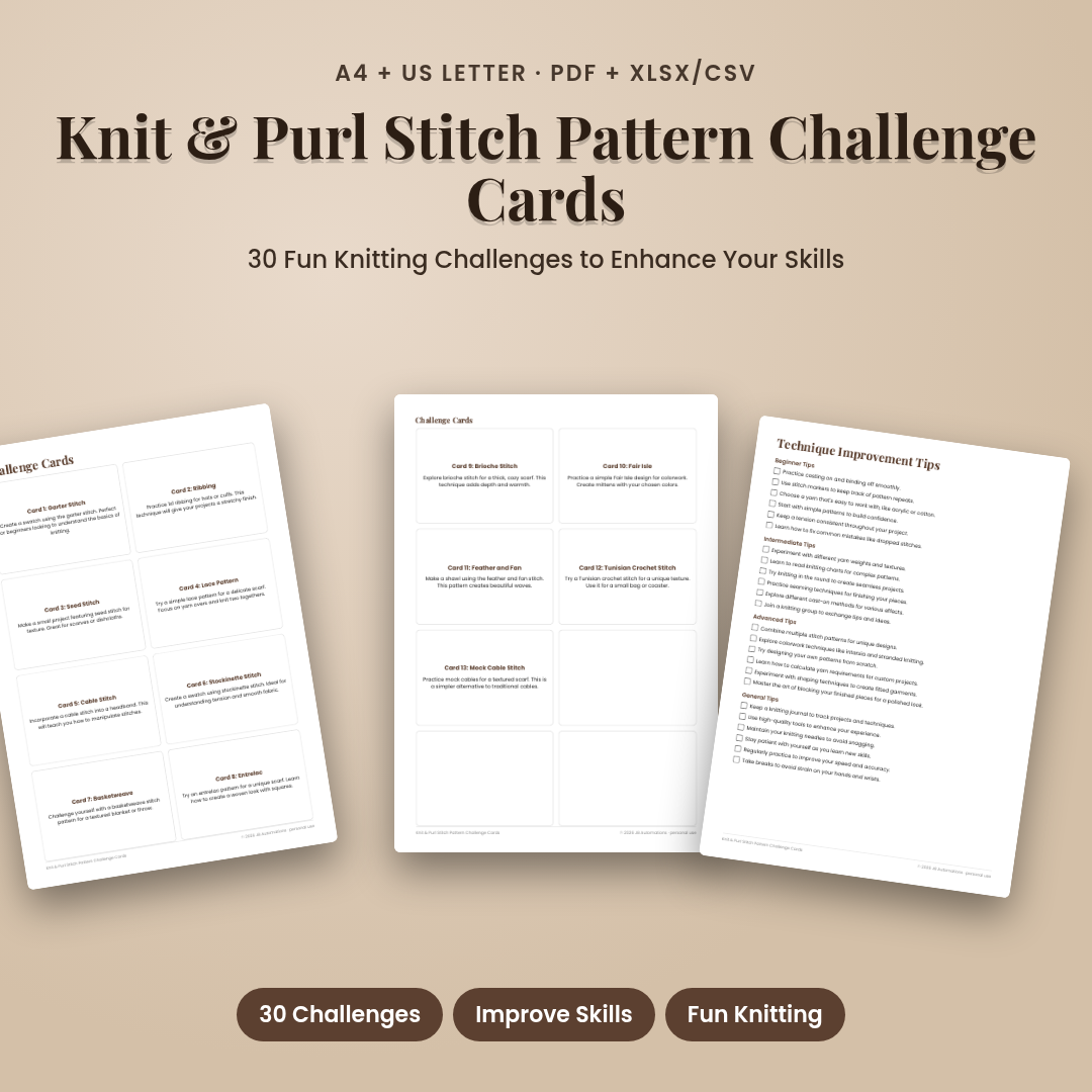Knit & Purl Stitch Pattern Challenge Cards