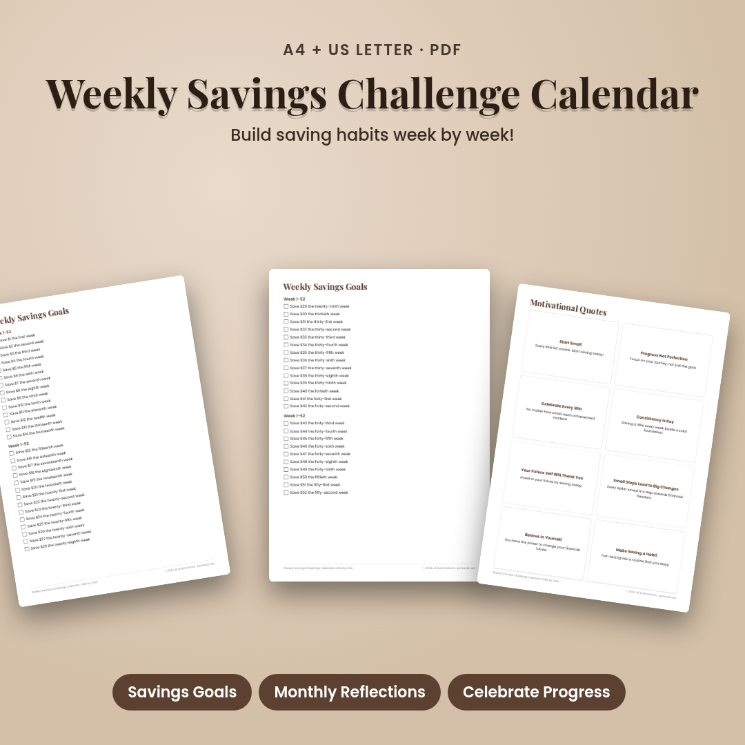 Weekly Savings Challenge Calendar: Little by Little