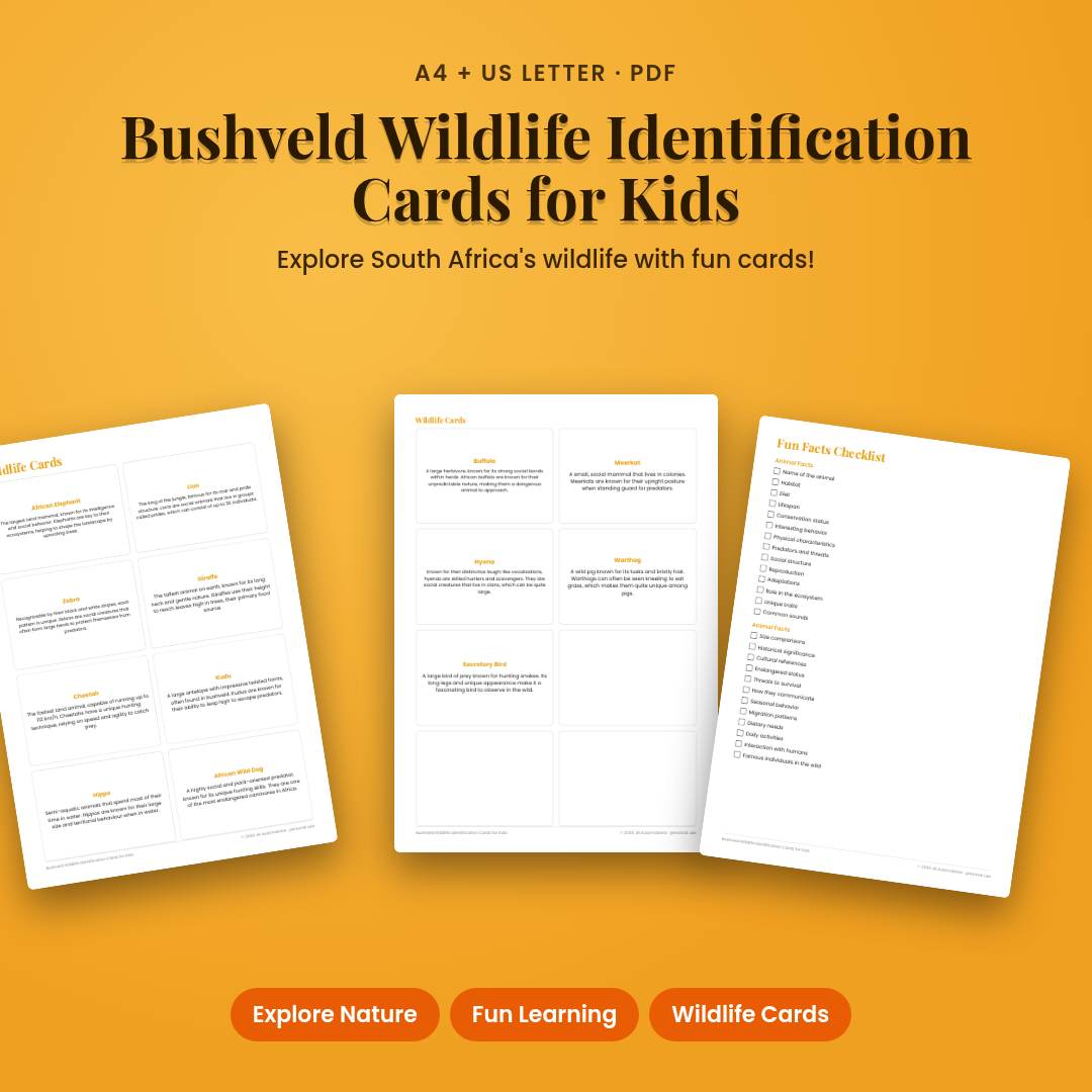 Bushveld Wildlife Identification Cards for Kids
