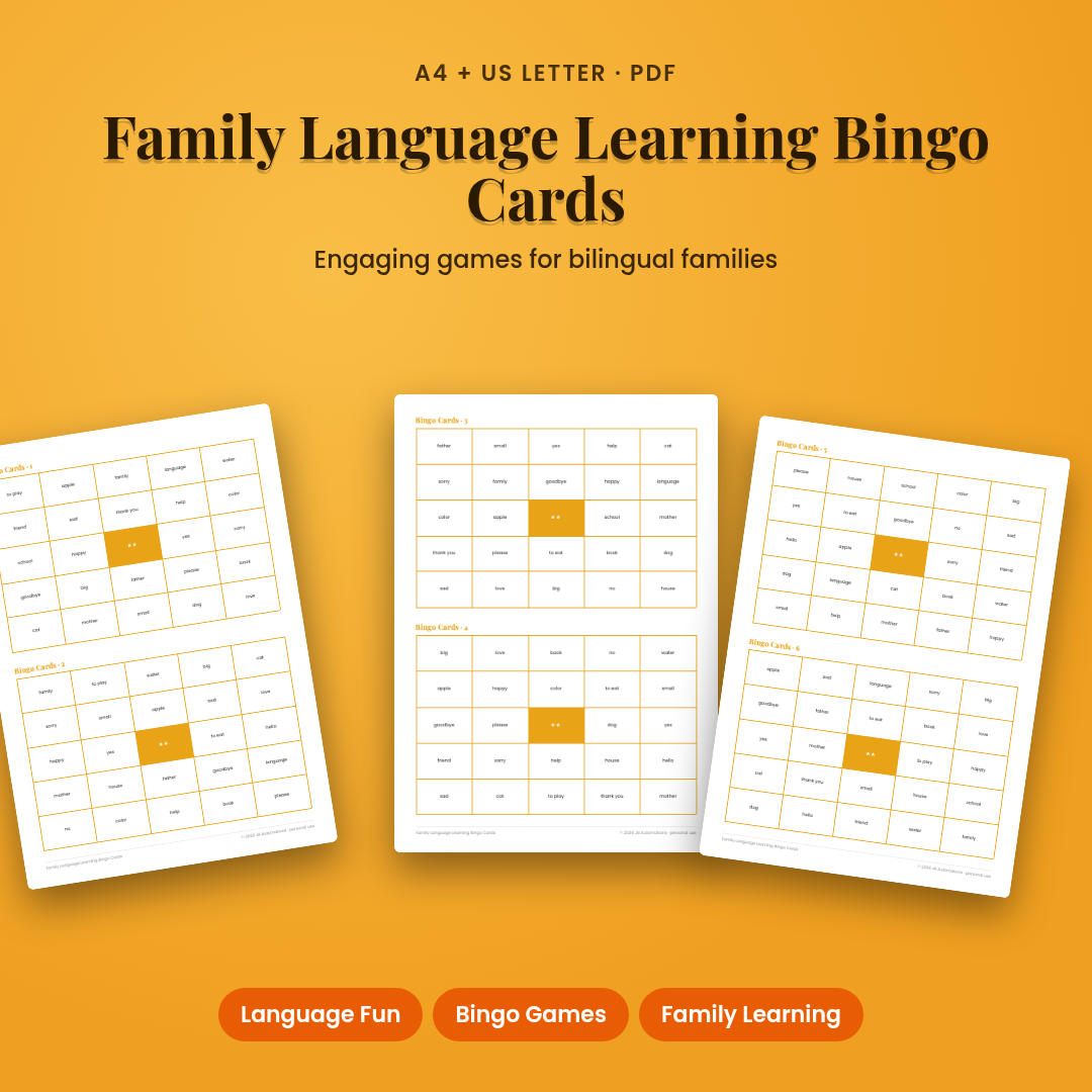 Family Language Learning Bingo Cards