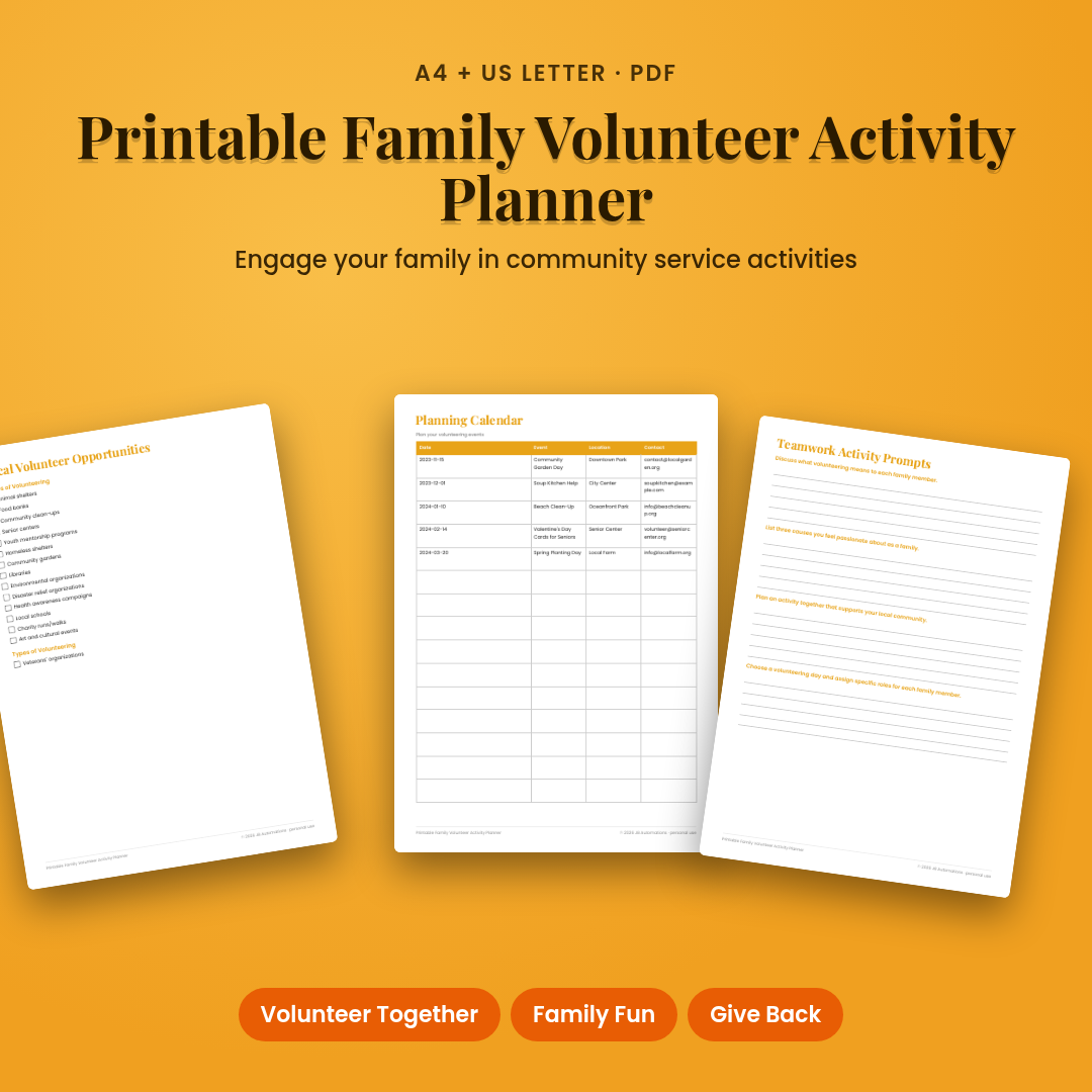 Printable Family Volunteer Activity Planner