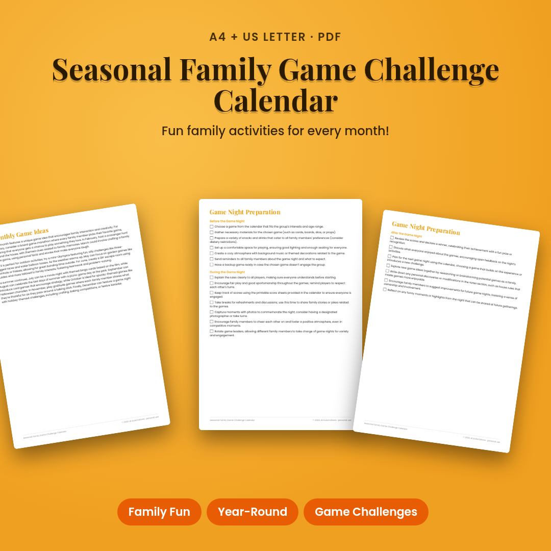 Seasonal Family Game Challenge Calendar