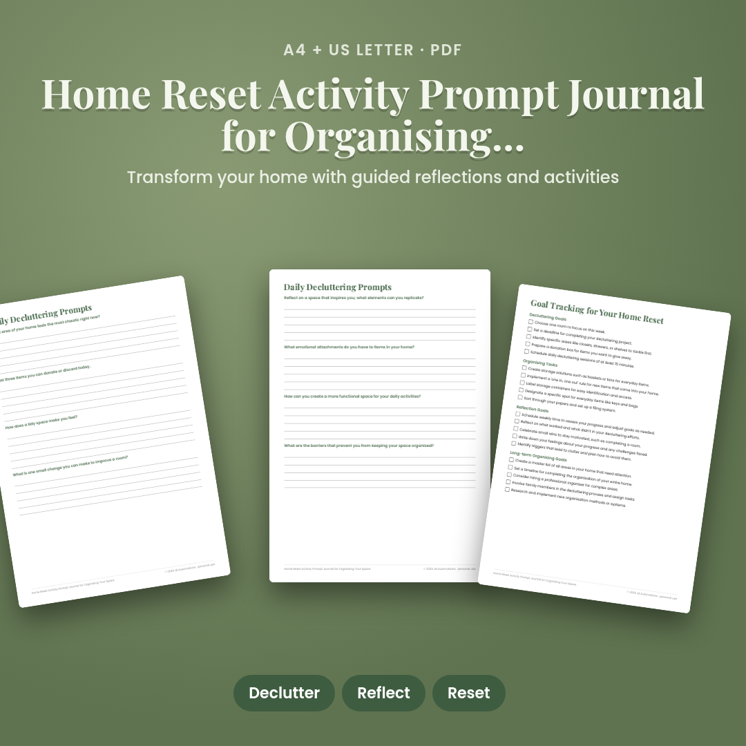 Home Reset Activity Prompt Journal for Organising Your Space