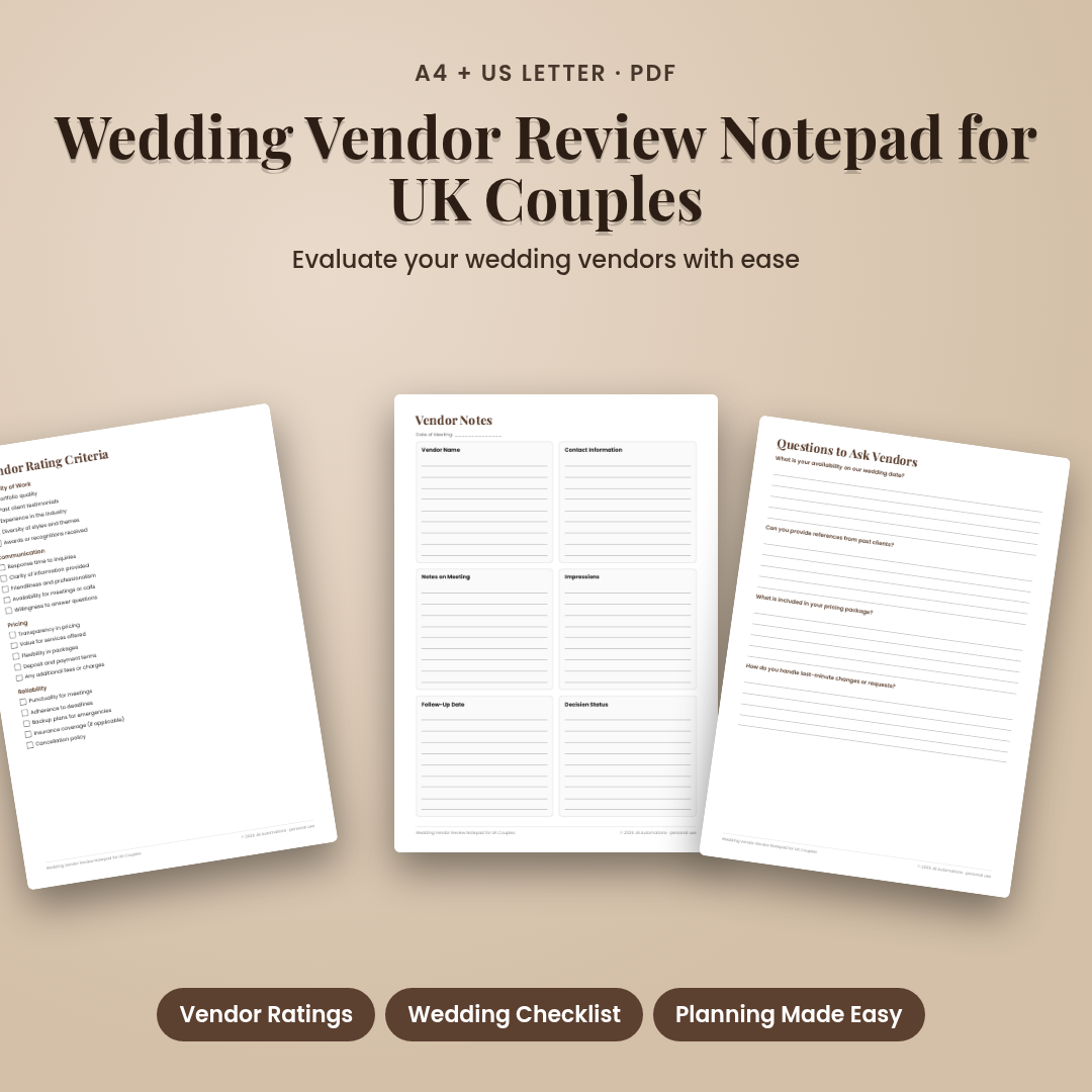 Wedding Vendor Review Notepad for UK Couples