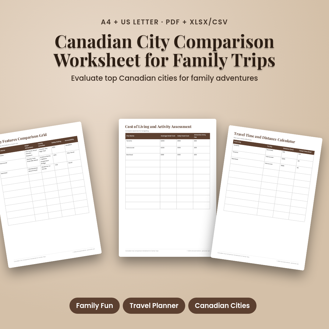 Canadian City Comparison Worksheet for Family Trips