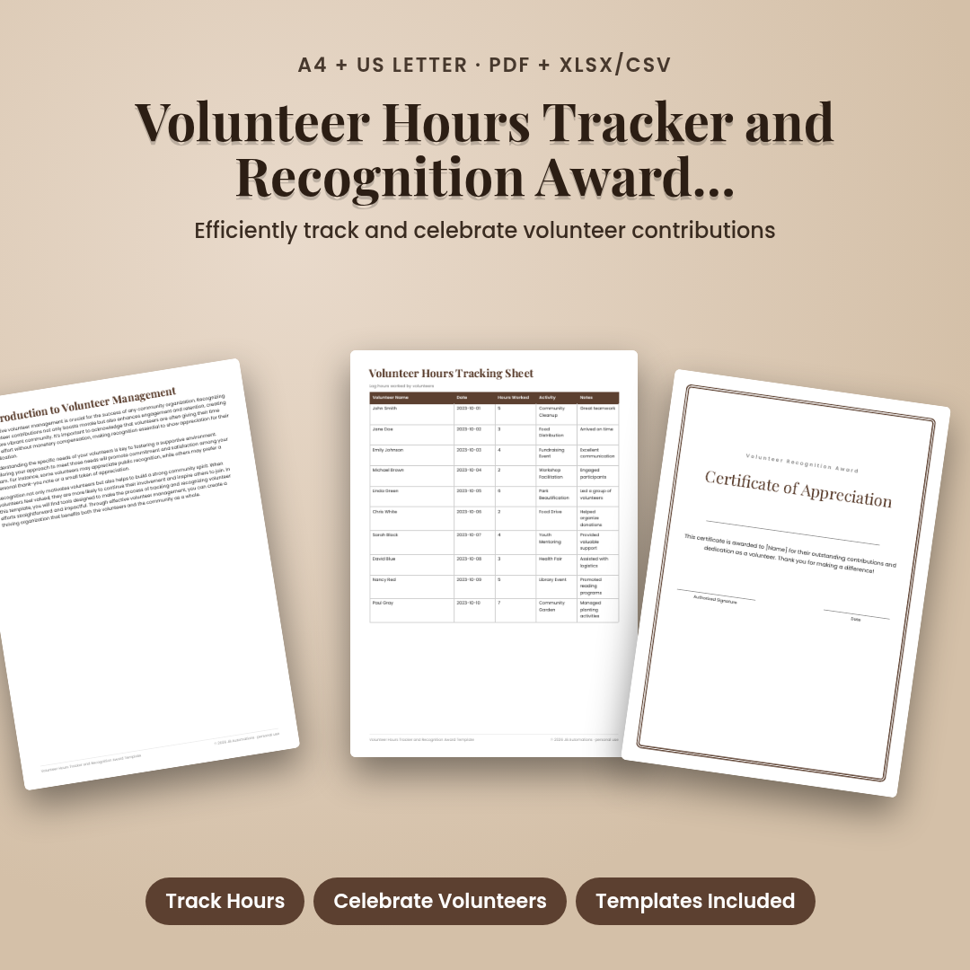 Volunteer Hours Tracker and Recognition Award Template