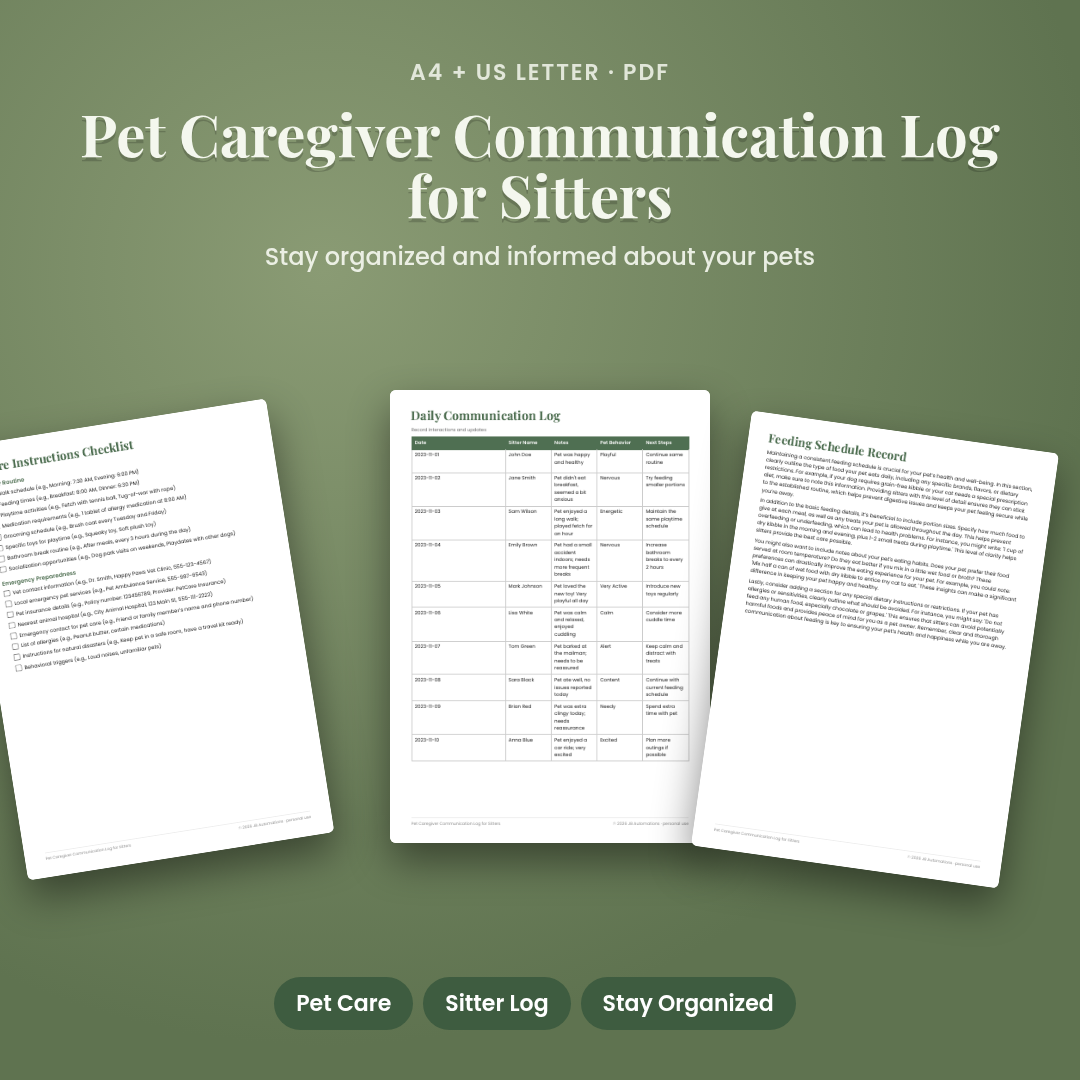 Pet Caregiver Communication Log for Sitters