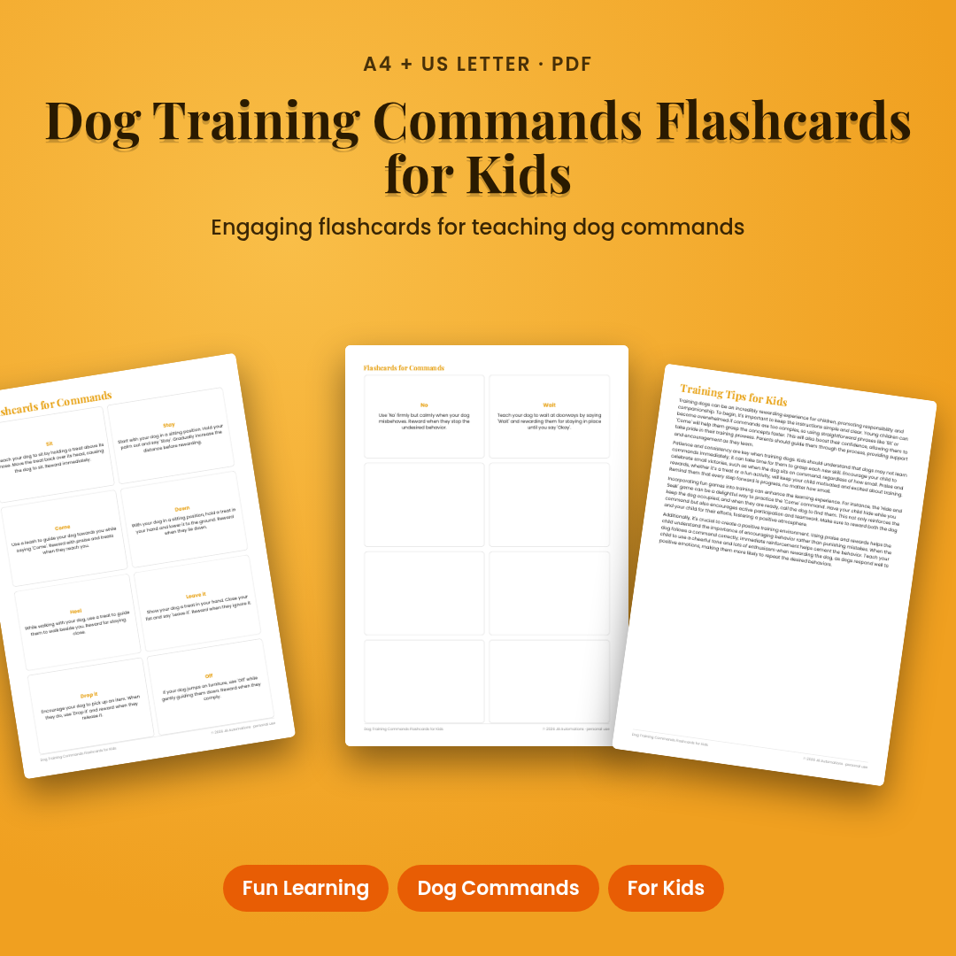 Dog Training Commands Flashcards for Kids