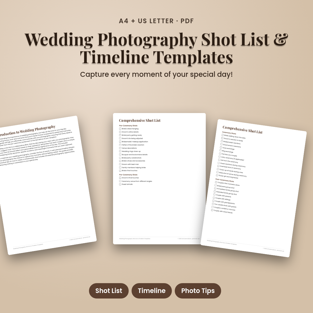 Wedding Photography Shot List &amp; Timeline Templates