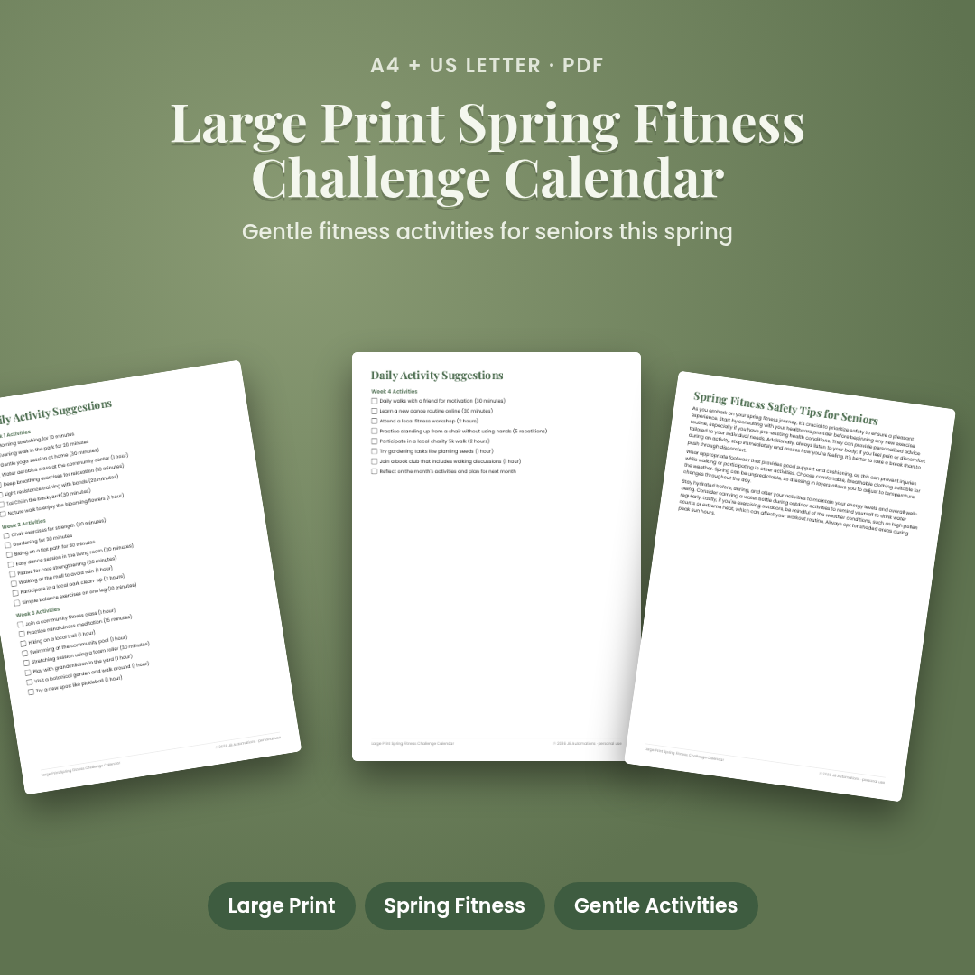 Large Print Spring Fitness Challenge Calendar