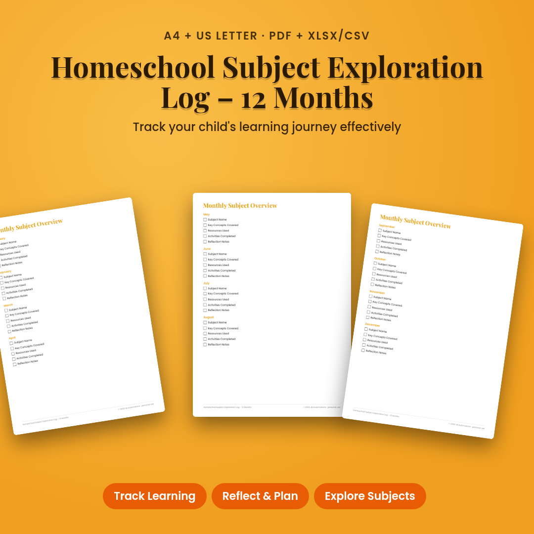 Homeschool Subject Exploration Log – 12 Months