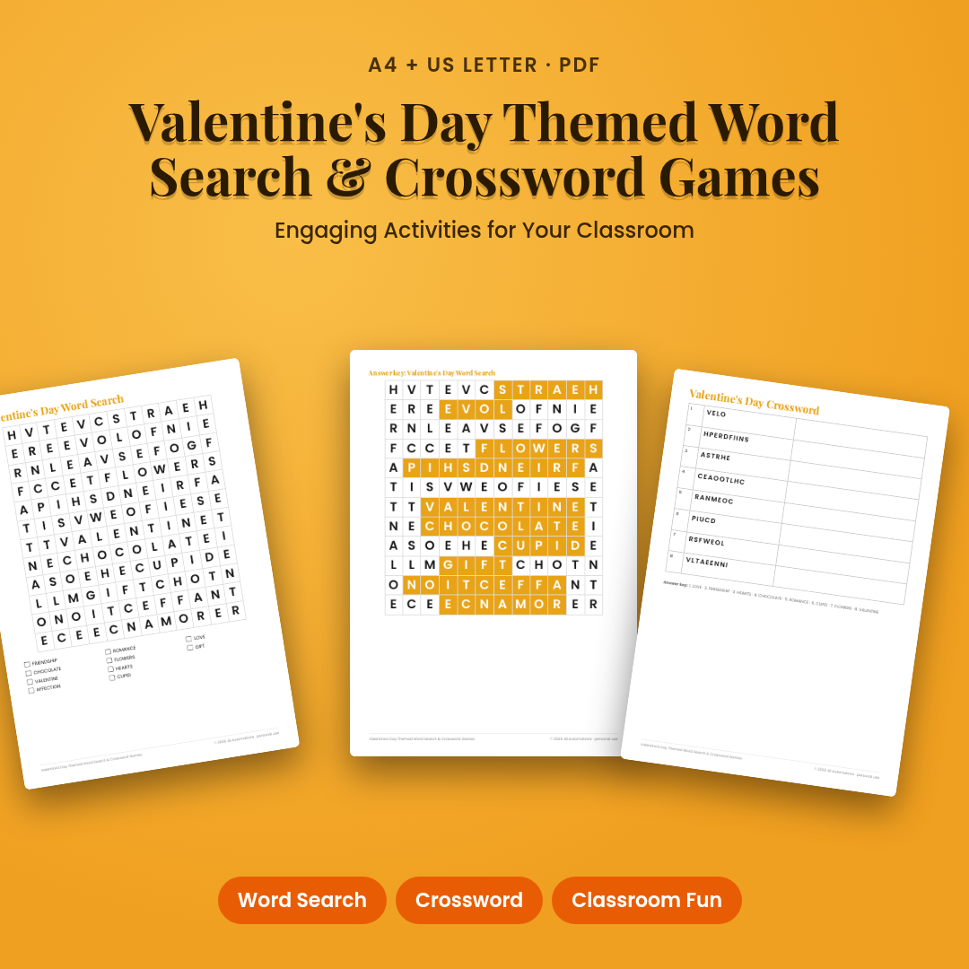 Valentine's Day Themed Word Search & Crossword Games