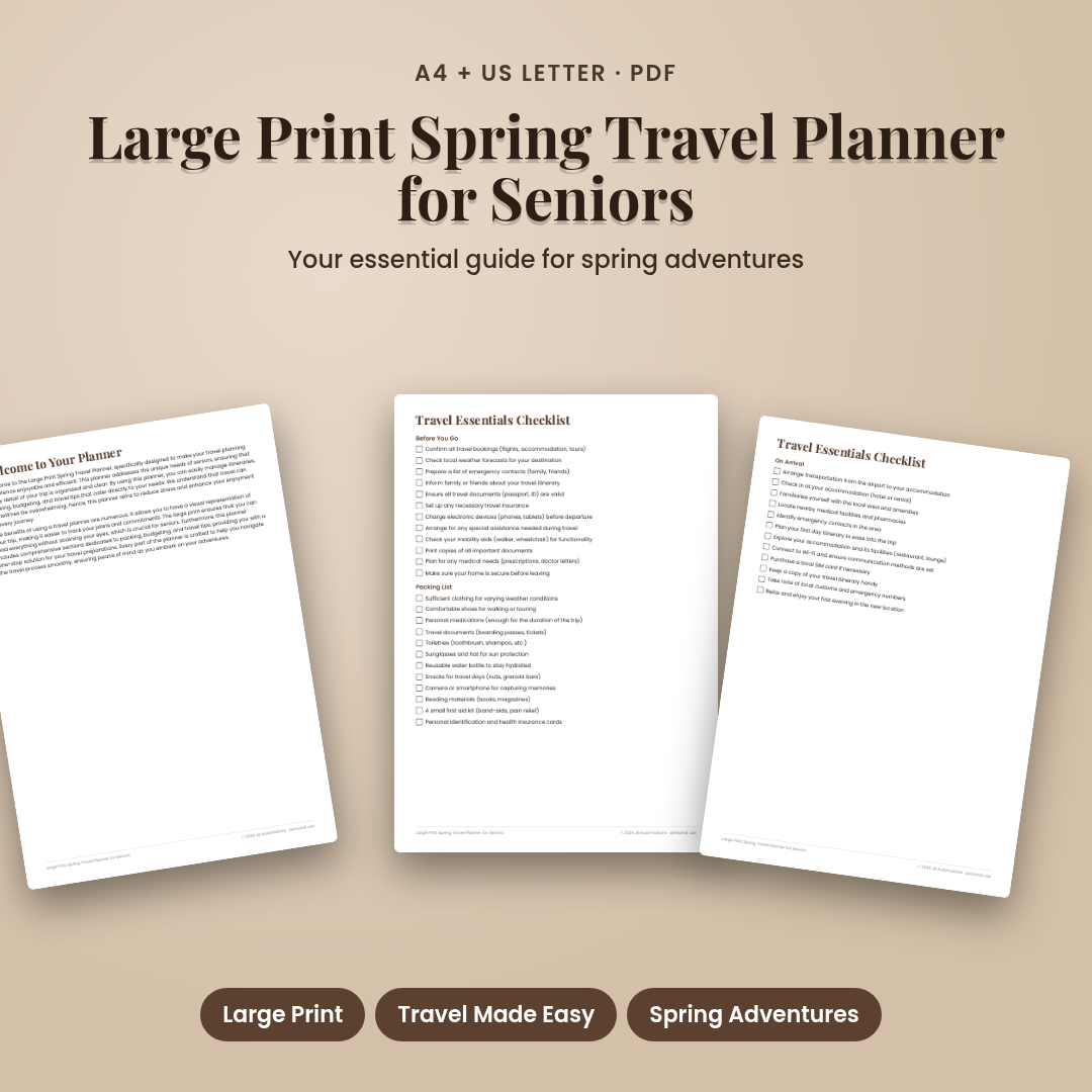Large Print Spring Travel Planner for Seniors