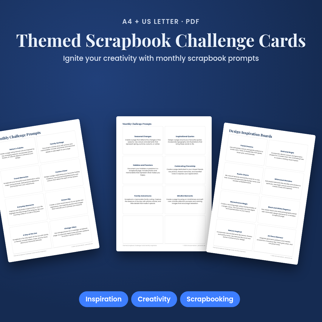 Themed Scrapbook Challenge Cards: Monthly Inspiration