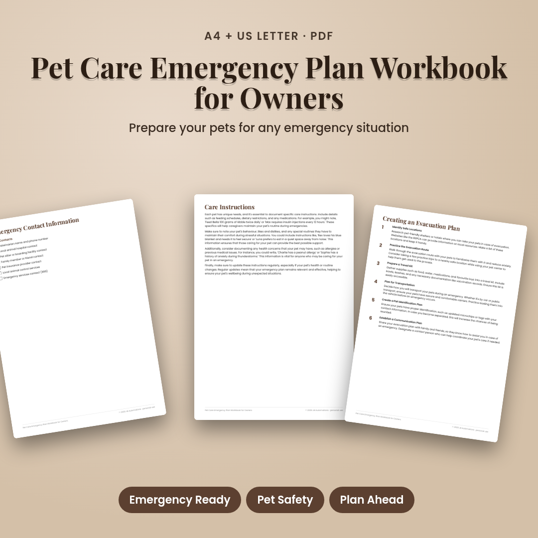 Pet Care Emergency Plan Workbook for Owners