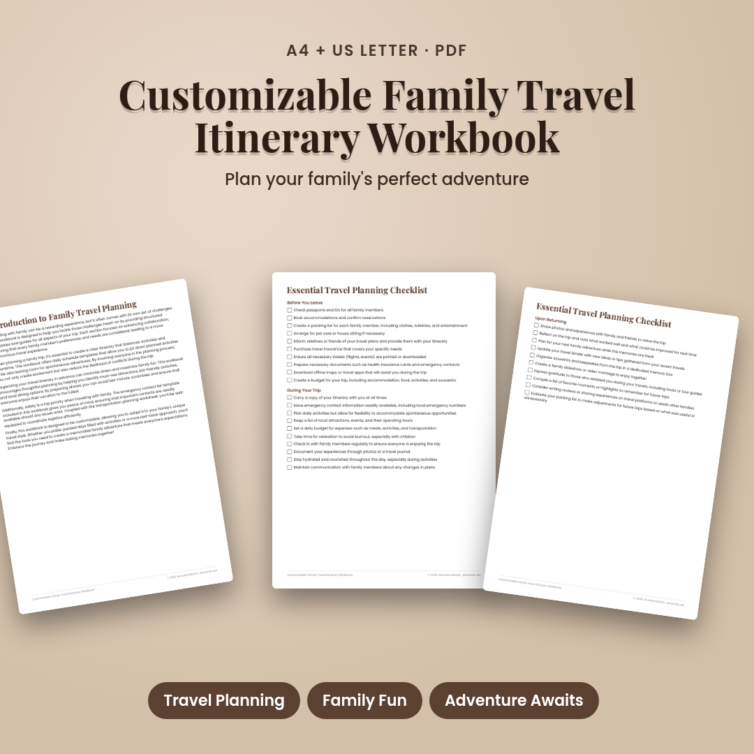 Customizable Family Travel Itinerary Workbook