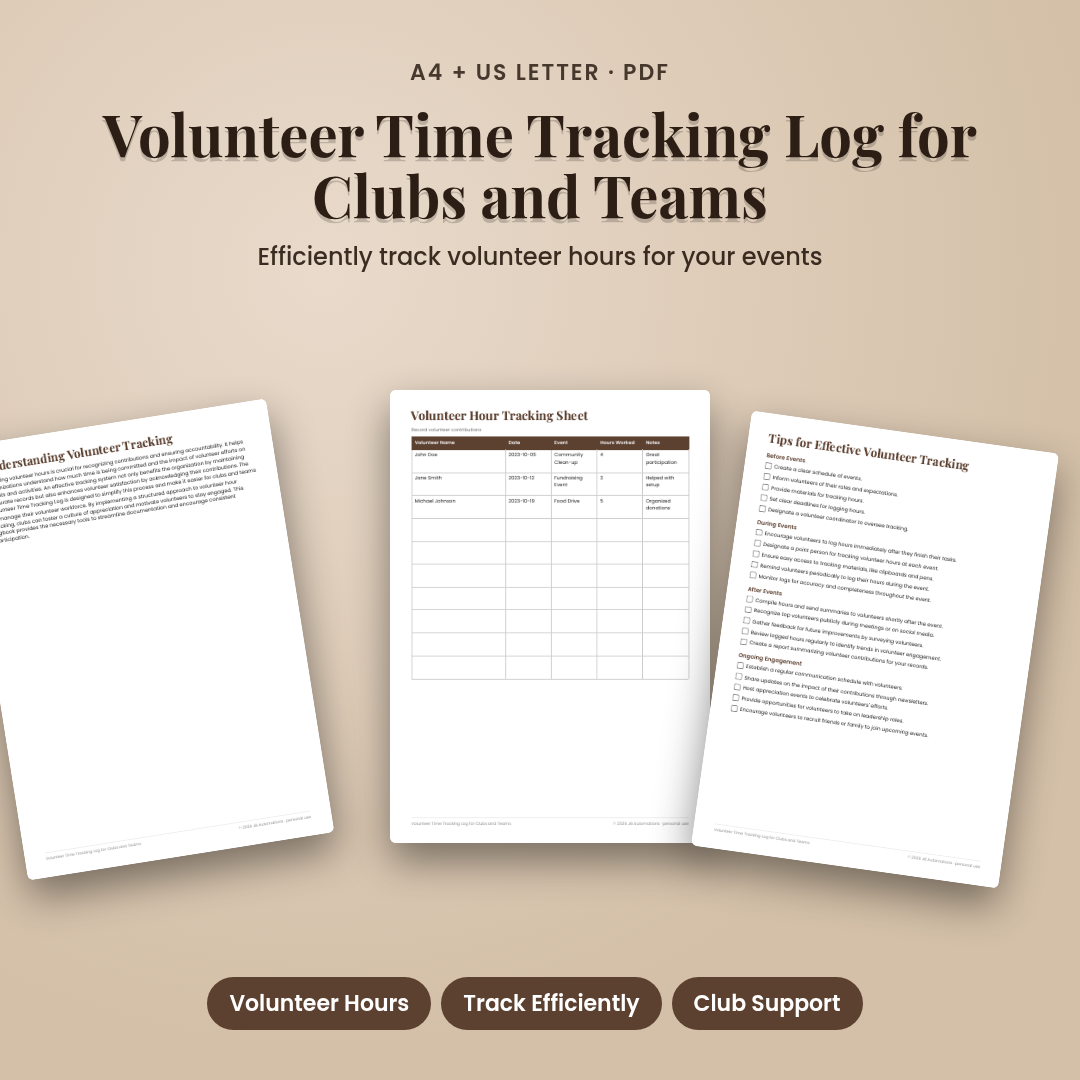 Volunteer Time Tracking Log for Clubs and Teams