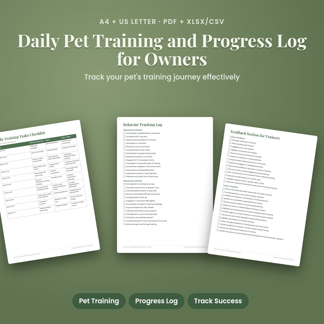 Daily Pet Training and Progress Log for Owners