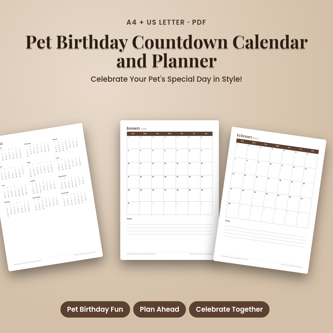 Pet Birthday Countdown Calendar and Planner