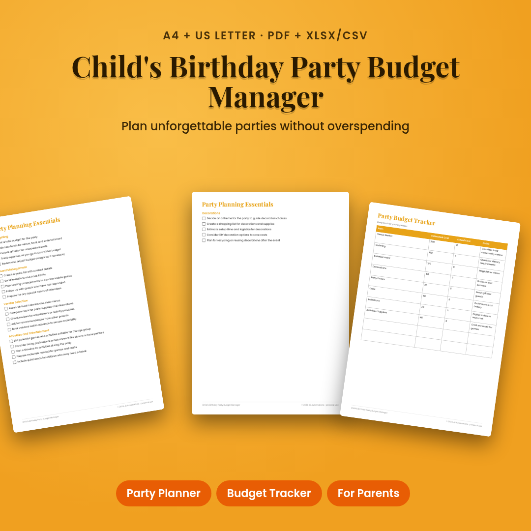 Child's Birthday Party Budget Manager