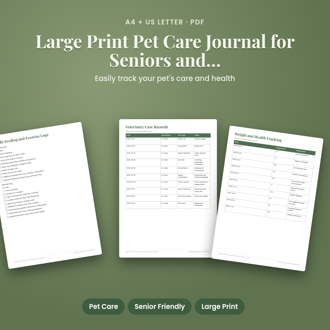 Large Print Pet Care Journal for Seniors and their Pets