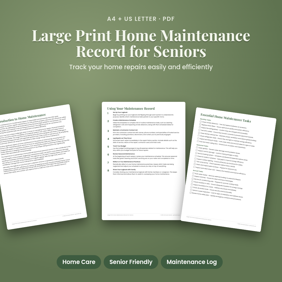 Large Print Home Maintenance Record for Seniors