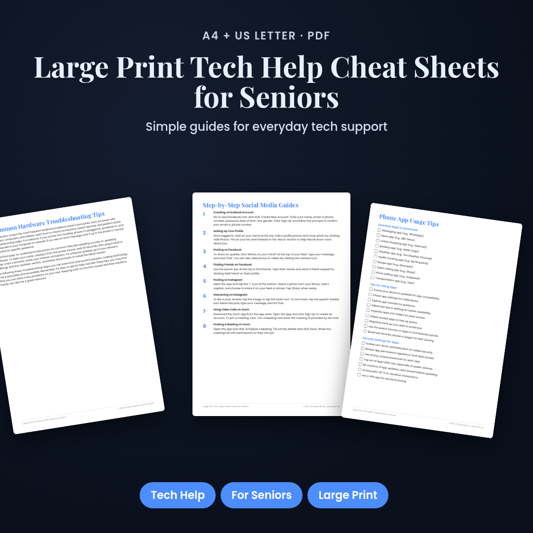 Large Print Tech Help Cheat Sheets for Seniors