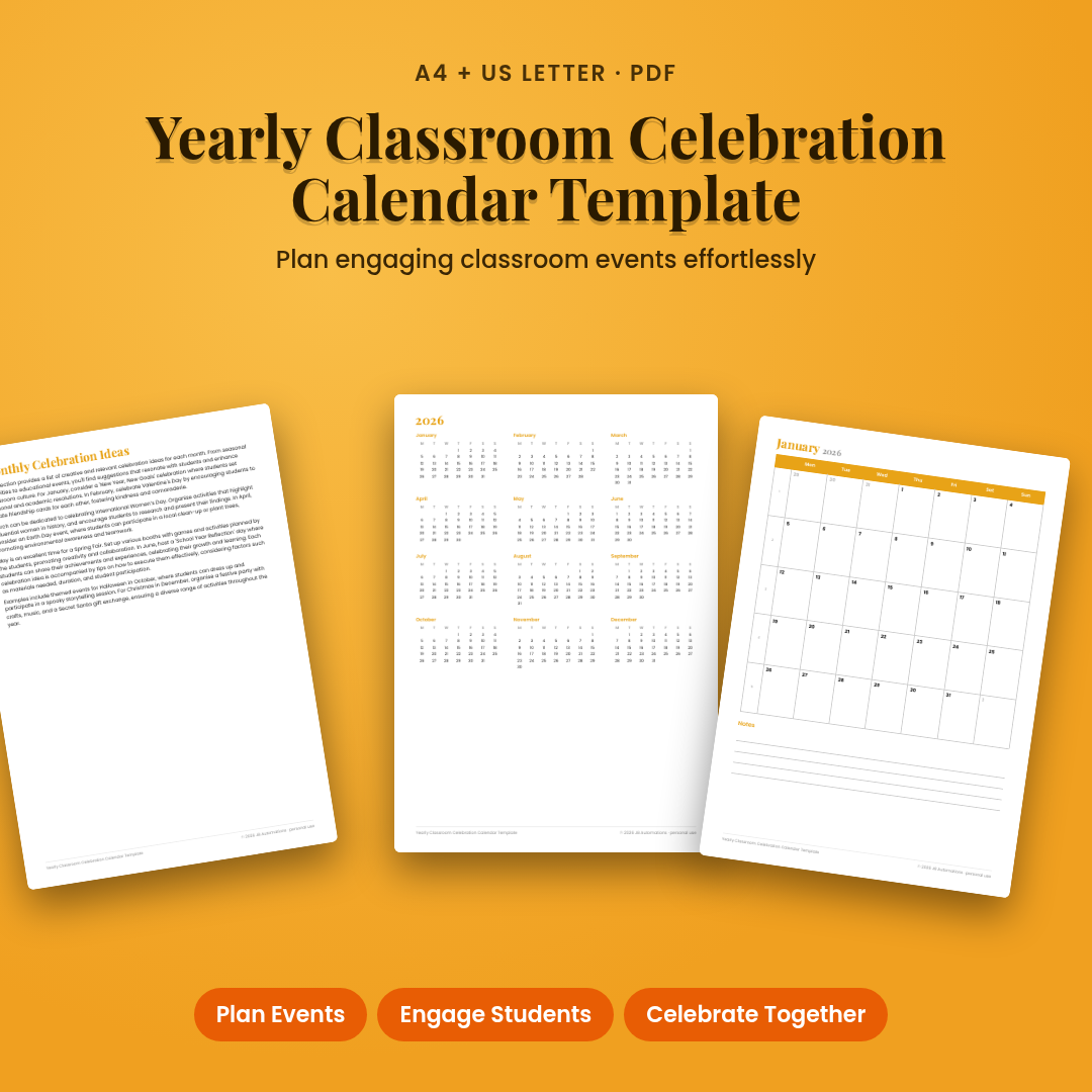 Yearly Classroom Celebration Calendar Template