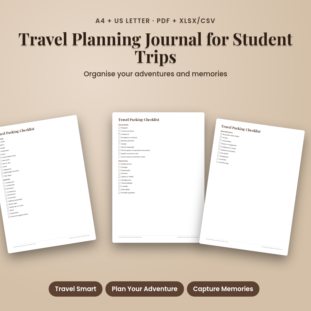 Travel Planning Journal for Student Trips