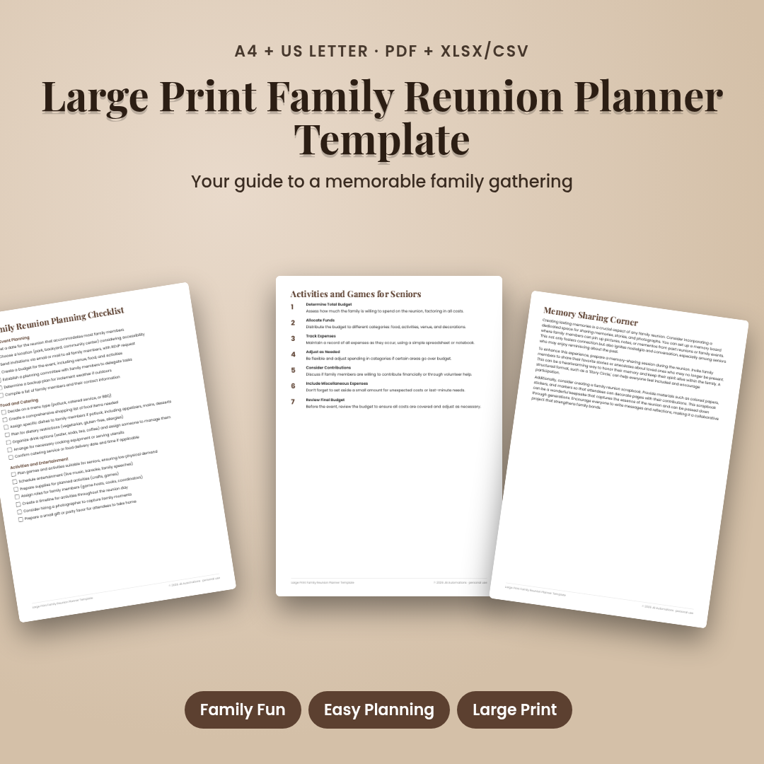 Large Print Family Reunion Planner Template