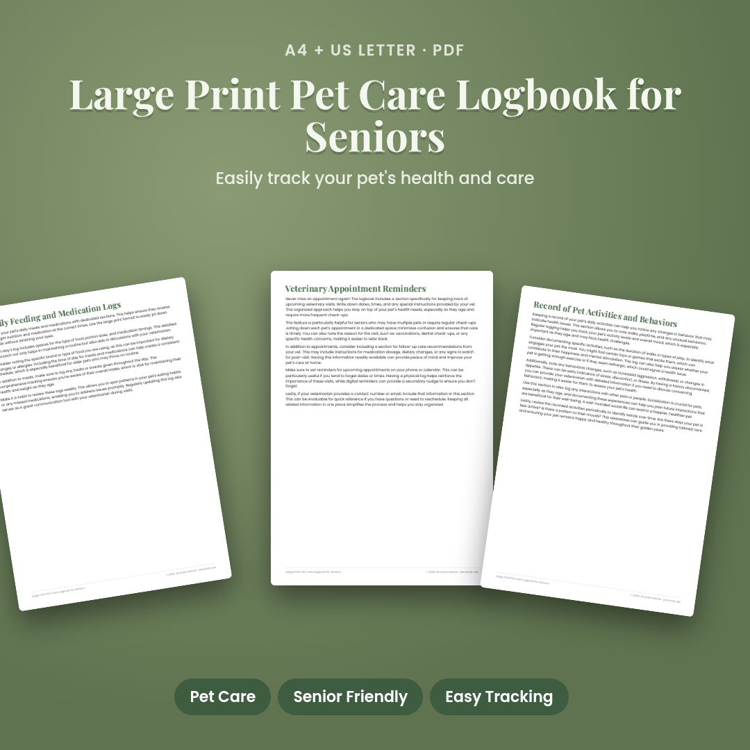 Large Print Pet Care Logbook for Seniors