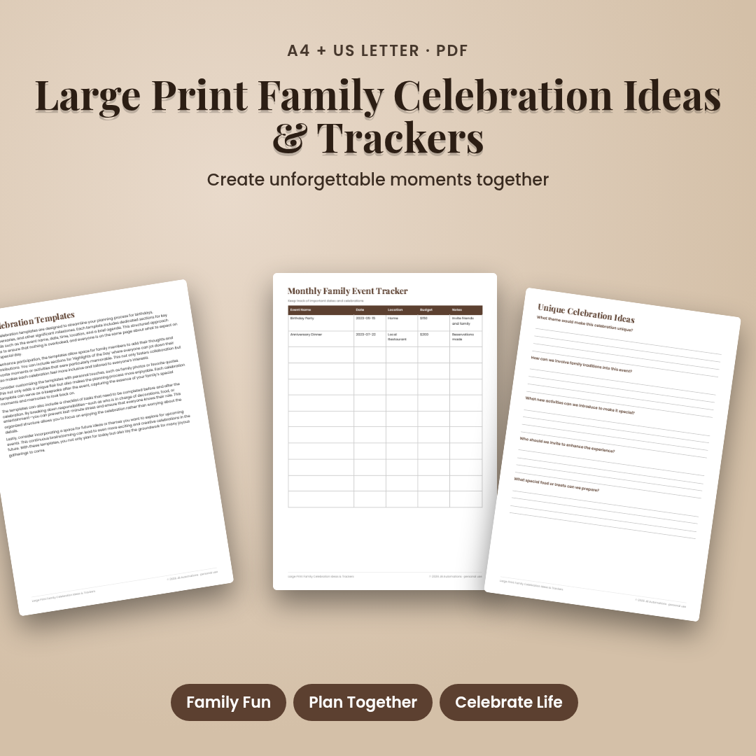 Large Print Family Celebration Ideas &amp; Trackers